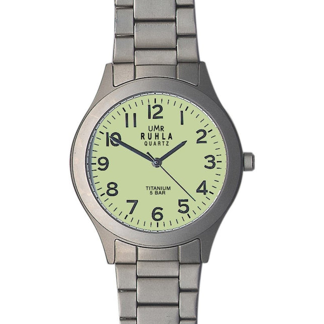 Ruhla Titanuhr Gelb WP 3 – Mattes Titangehäuse – Fluoreszierendes Zifferblatt – Silbernes Mesh-Armband
