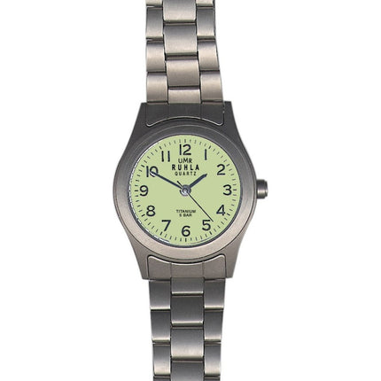 Ruhla Titanuhr – Gelbes fluoreszierendes Zifferblatt – Mattes Titangehäuse – Silbernes Mesh-Armband – 27 mm
