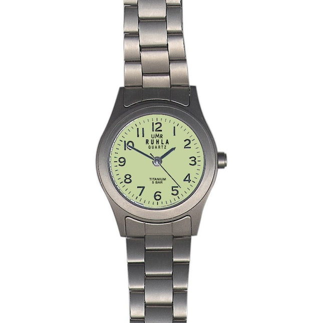 Ruhla Titanuhr – Gelbes fluoreszierendes Zifferblatt – Mattes Titangehäuse – Silbernes Mesh-Armband – 27 mm