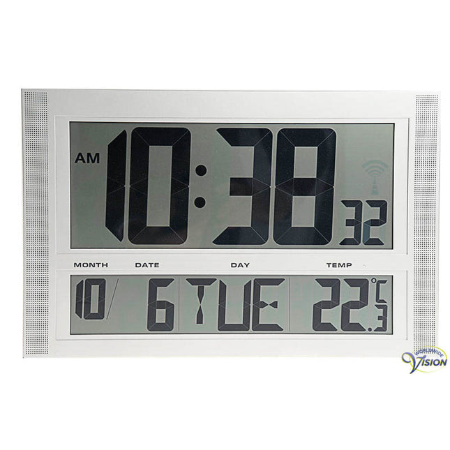 Wand-/Tischuhr mit Temperatursensor - Funkgesteuert - Extra große Digitalanzeige - Silber