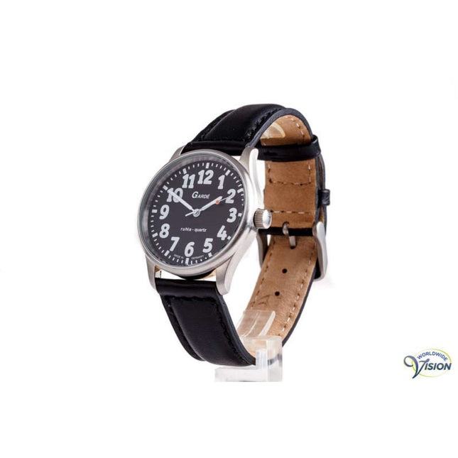 Gardé Jumbo-Uhr – Schwarzes Zifferblatt – Gehäuse aus poliertem Stahl – Schwarzes Lederarmband – 33 mm