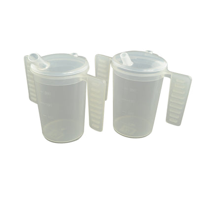 Drinking cup with flat handles and two spout lids