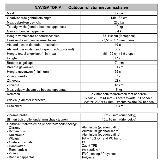 Navigator AIR rollator met draaibare onderarmschalen met zachte banden